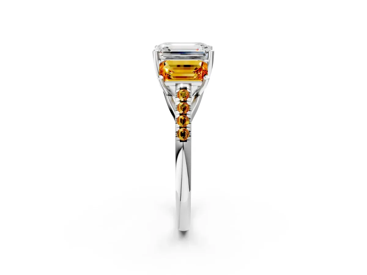 Three-Stone Emerald Cut Diamond Ring with Round Citrine Pavé Band and Prong Setting Silver