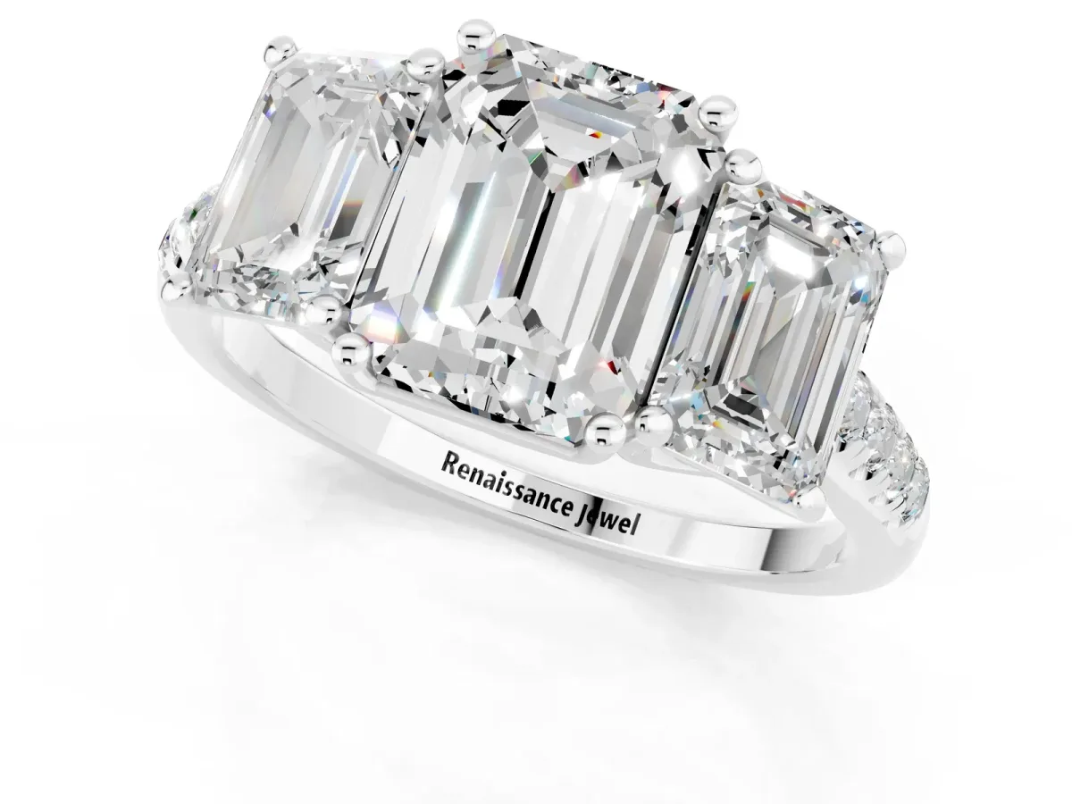 Three-Stone Emerald Cut Moissanite Ring with Round Pavé Band and Prong Setting Silver
