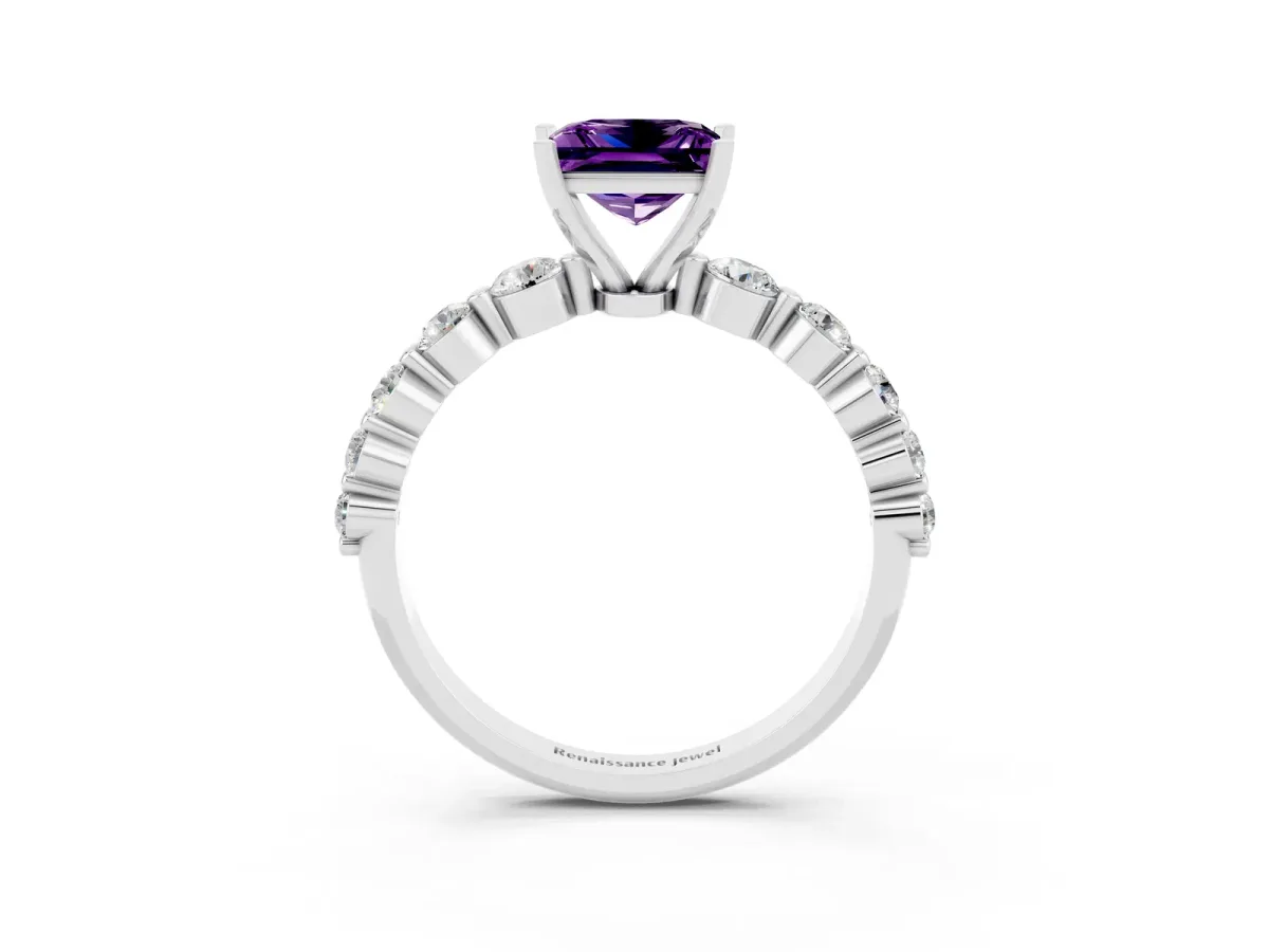 Princess Cut Solitaire Amethyst Ring with Pave Band and Four-Prong Setting Silver