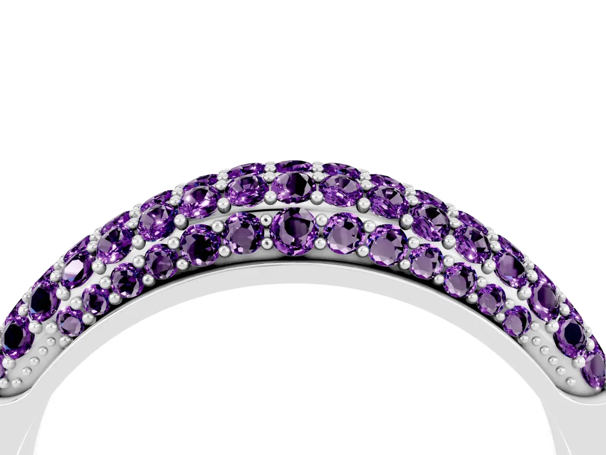 Three-Row Pavé Round Amethyst Dome Band Platinum