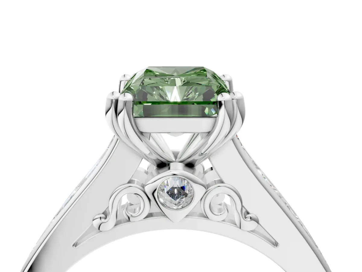 Fancy Green Radiant Cut Cut Channel Set Solitaire Engagement Ring with Prong Setting Platinum