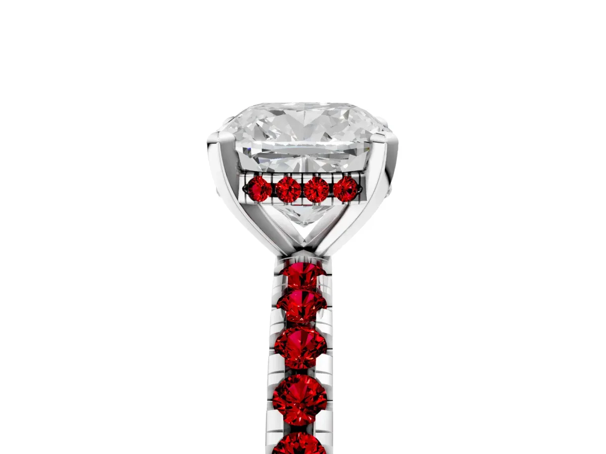 Cushion Cut Diamond Solitaire Ring with Round Ruby Pavé Band and Four-Prong Setting Silver