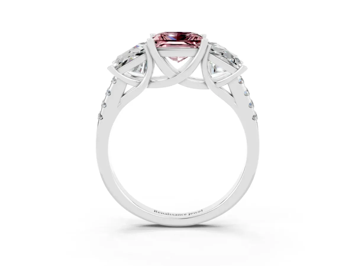 Three-Stone Princess Cut Morganite Ring with Round Pavé Band and Prong Setting Silver