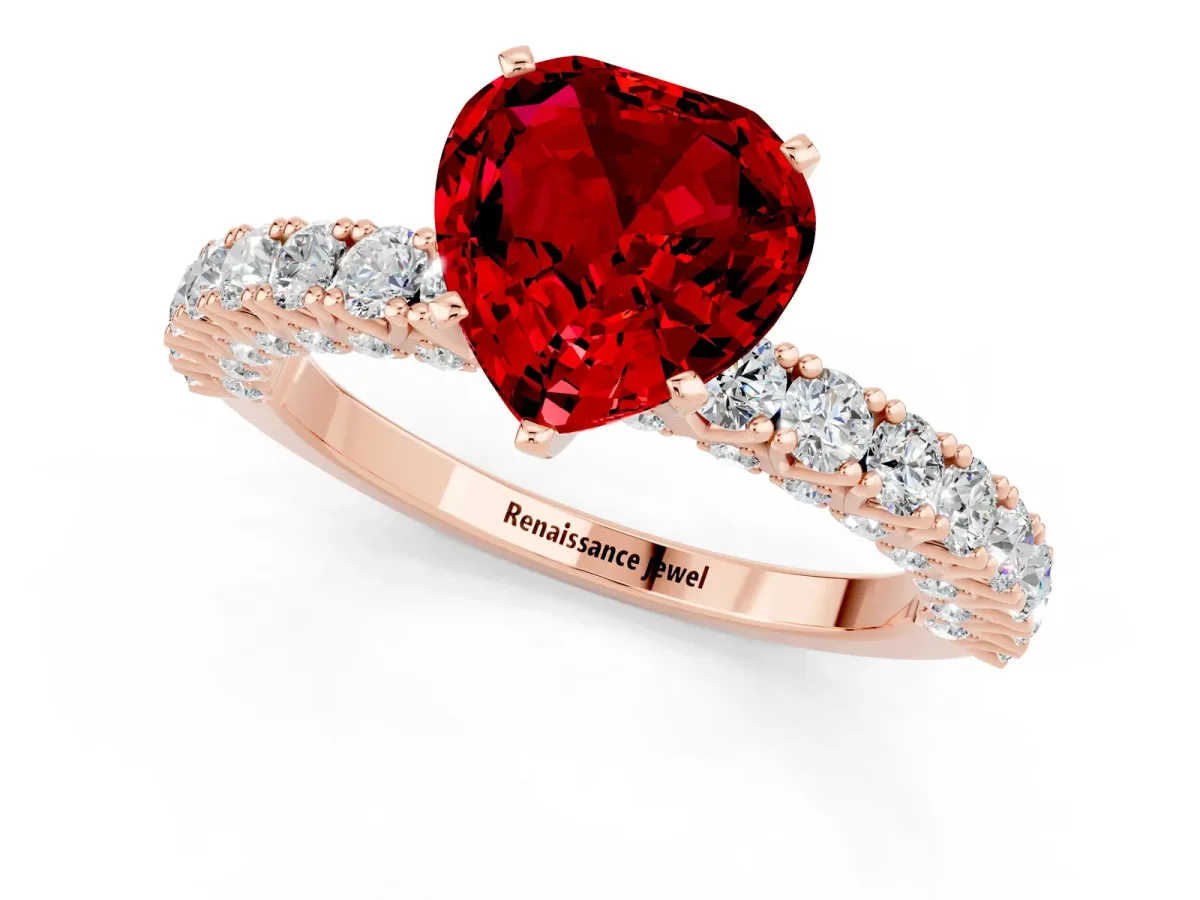 Heart Cut Ruby Solitaire Ring with Round Accent Pavé Band and Prong Setting Rose gold