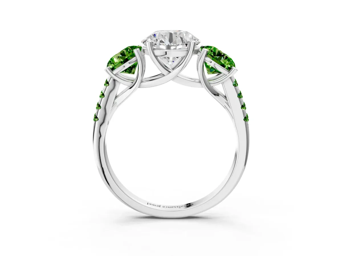 Three-Stone Round Cut Diamond Ring with Round Peridot Pavé Band and Prong Setting Silver