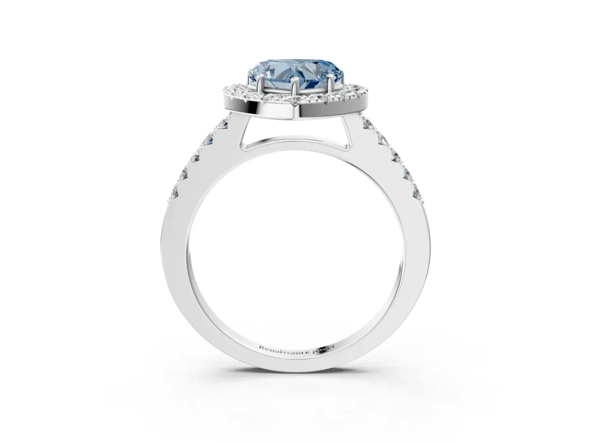 Fancy Blue Heart Cut Halo Diamond Pavé Solitaire Ring Platinum