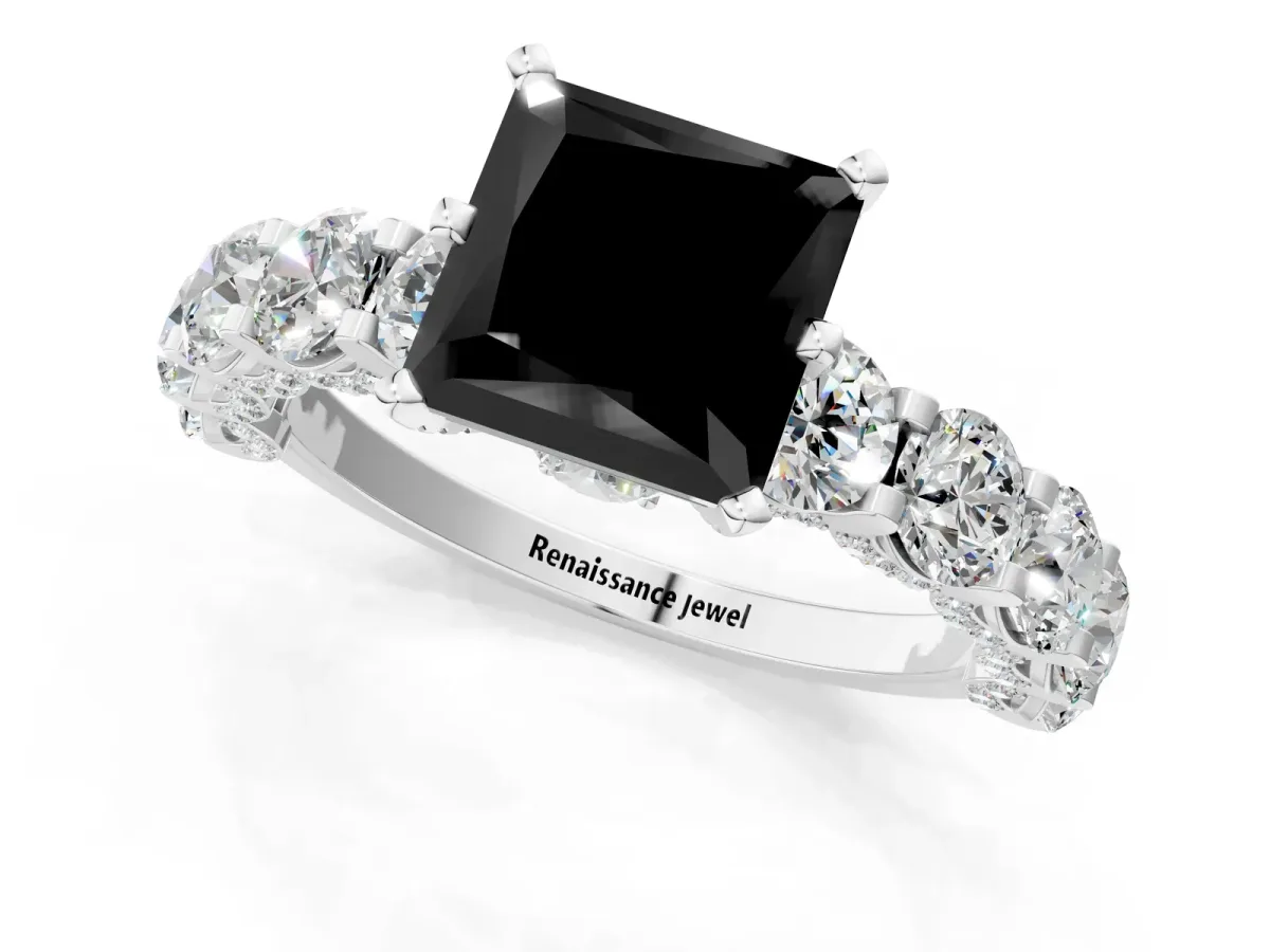 Fancy Black Princess Cut Diamond Side Stone Engagement Ring with Four-Prong Setting White gold