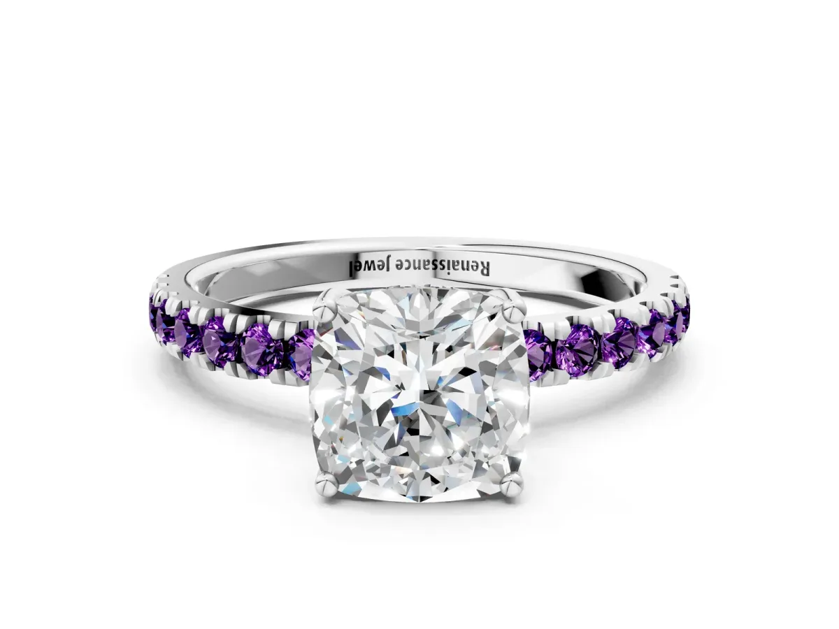 Cushion Cut Diamond Pave Band Solitaire Ring with Round Amethyst and Prong Setting Silver