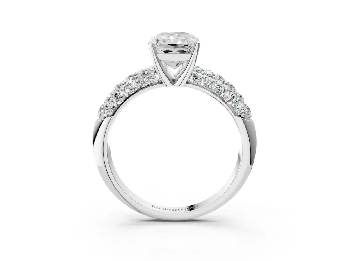 Radiant Cut Diamond Pavé Band Solitaire Ring with Four-Prong Setting Platinum