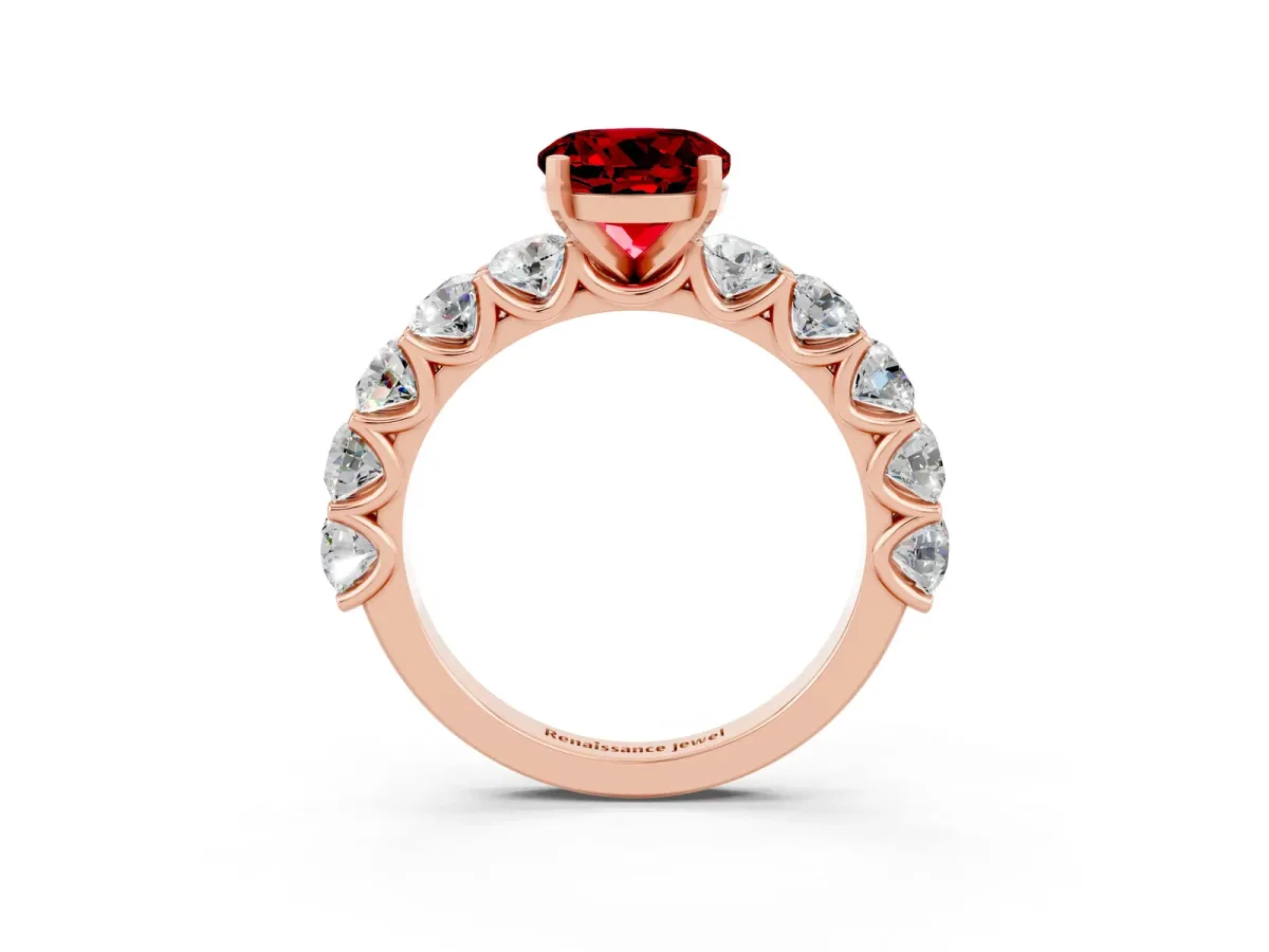 Round Cut Ruby Prong Setting with Side Stones on a Pave Band Rose gold