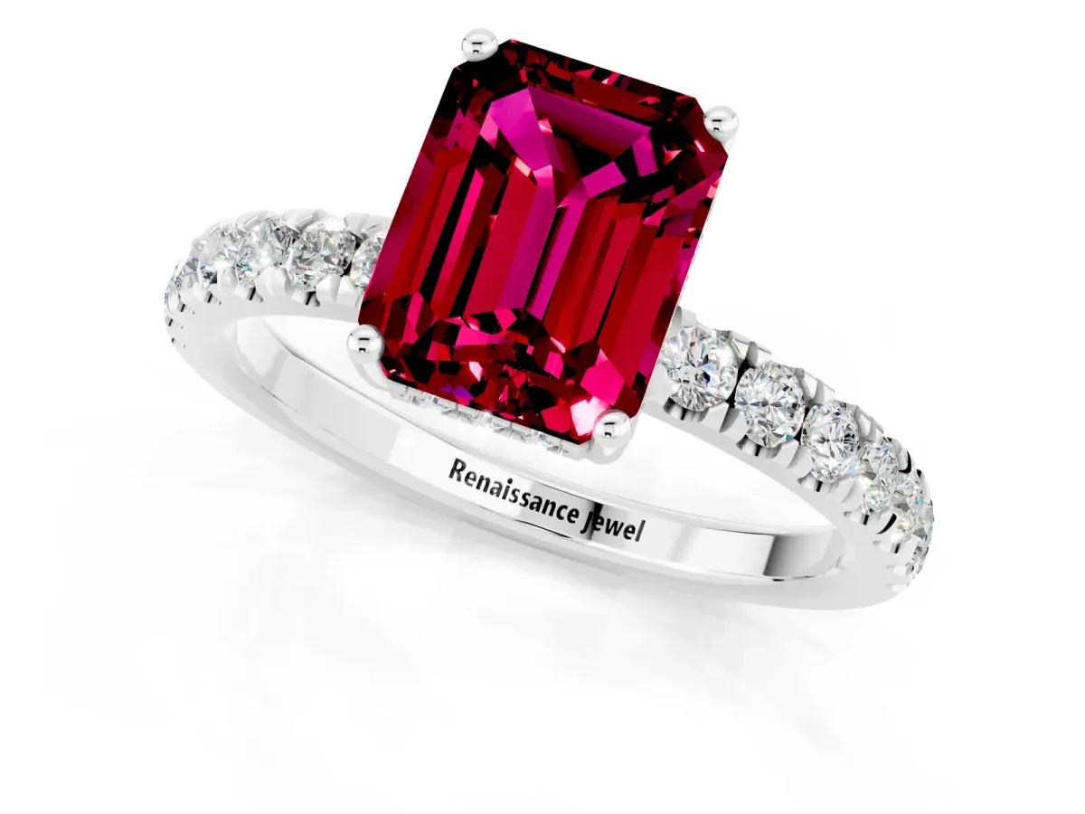 Emerald Cut Garnet Pave Band Solitaire Ring with Round and Prong Setting Platinum