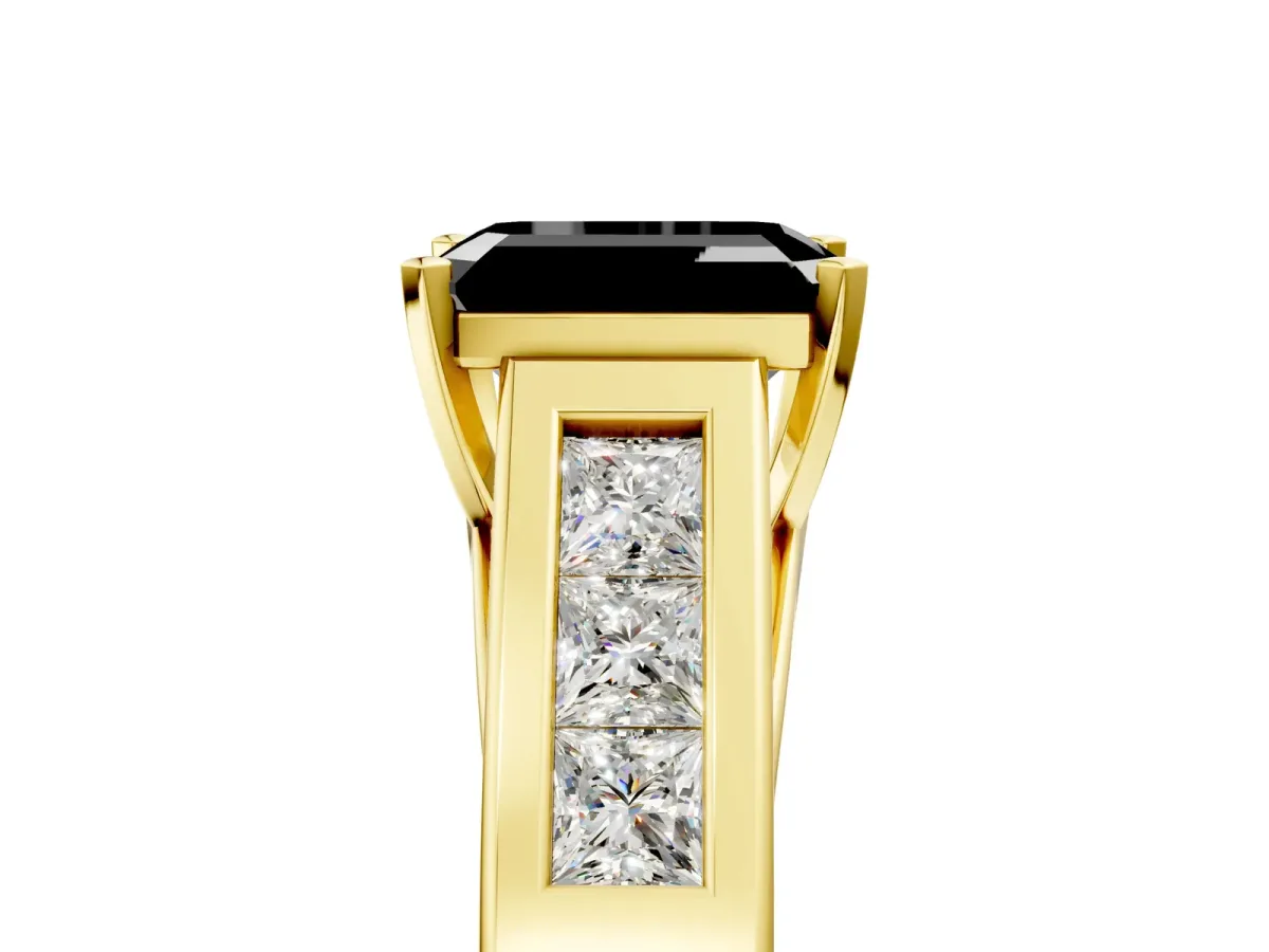 Fancy Black Emerald Cut Cut Channel Set Solitaire Ring with Four-Prong Setting Yellow gold