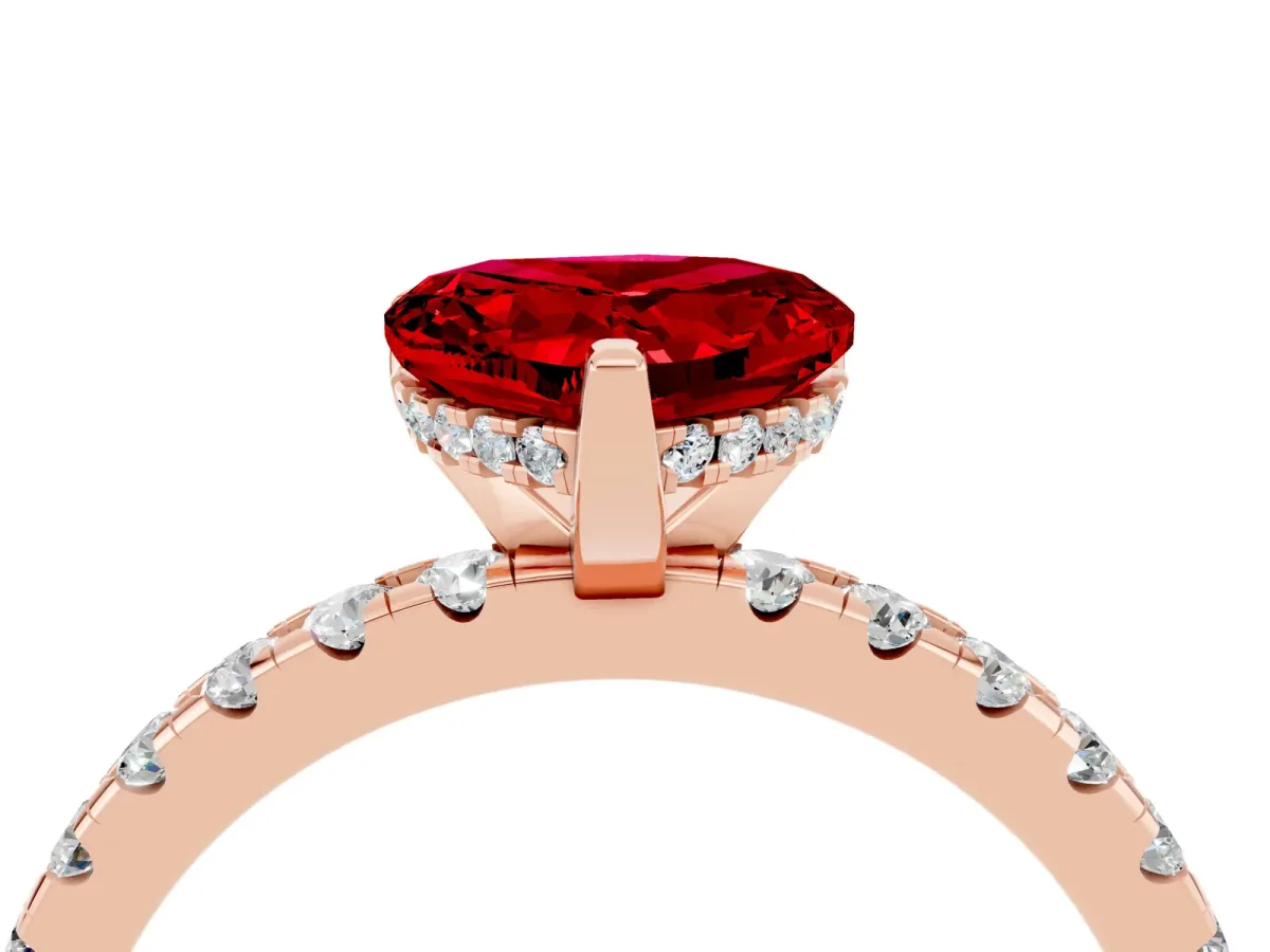 Heart Cut Ruby Solitaire Ring with Round Pavé Band and Four-Prong Setting Rose gold