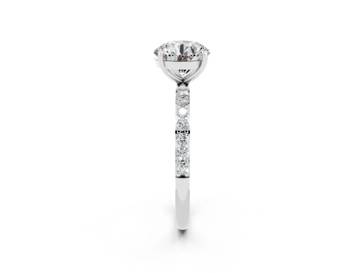 Round Cut Moissanite Solitaire Ring with Round Pavé Band and Prong Setting Silver
