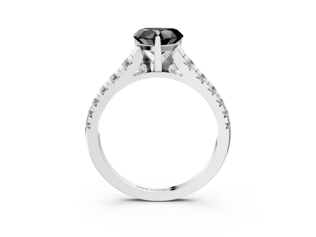 Fancy Black Heart Cut Diamond Cathedral Solitaire Ring with Round Pavé Band Silver
