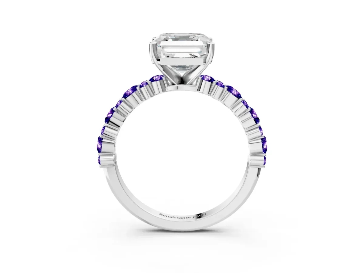 Asscher Cut Diamond Side Stone Solitaire Ring with Round Tanzanite and Four-Prong Setting Silver