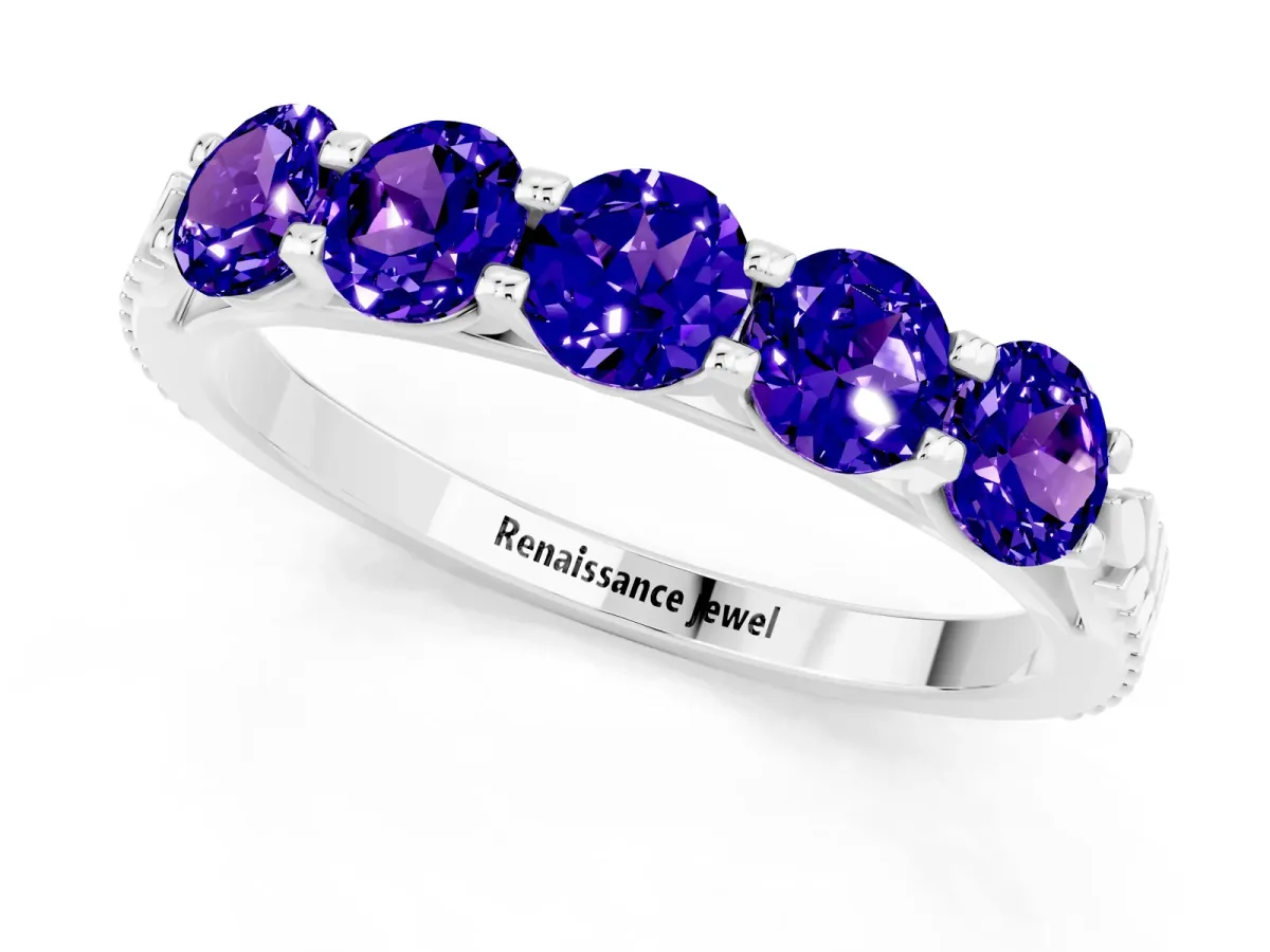 Five-Stone Round Tanzanite Prong-Set Band Silver