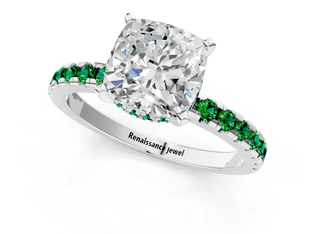 Cushion Cut Diamond Solitaire Ring with Round Emerald Pavé Band and Four-Prong Setting Silver