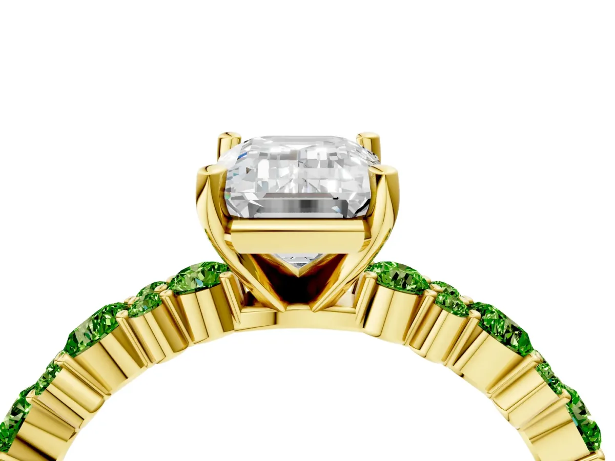 Emerald Cut Diamond Side Stone Solitaire Ring with Round Peridot and Four-Prong Setting Yellow gold
