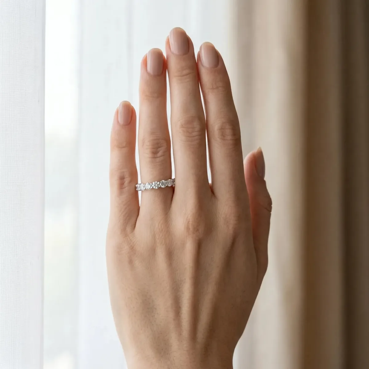 Round Diamond Half Eternity Band with Prong Setting Silver