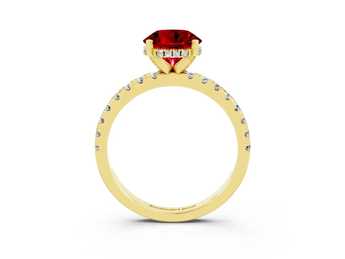 Round Cut Ruby Solitaire Ring with Round Pavé Band and Four-Prong Setting Yellow gold