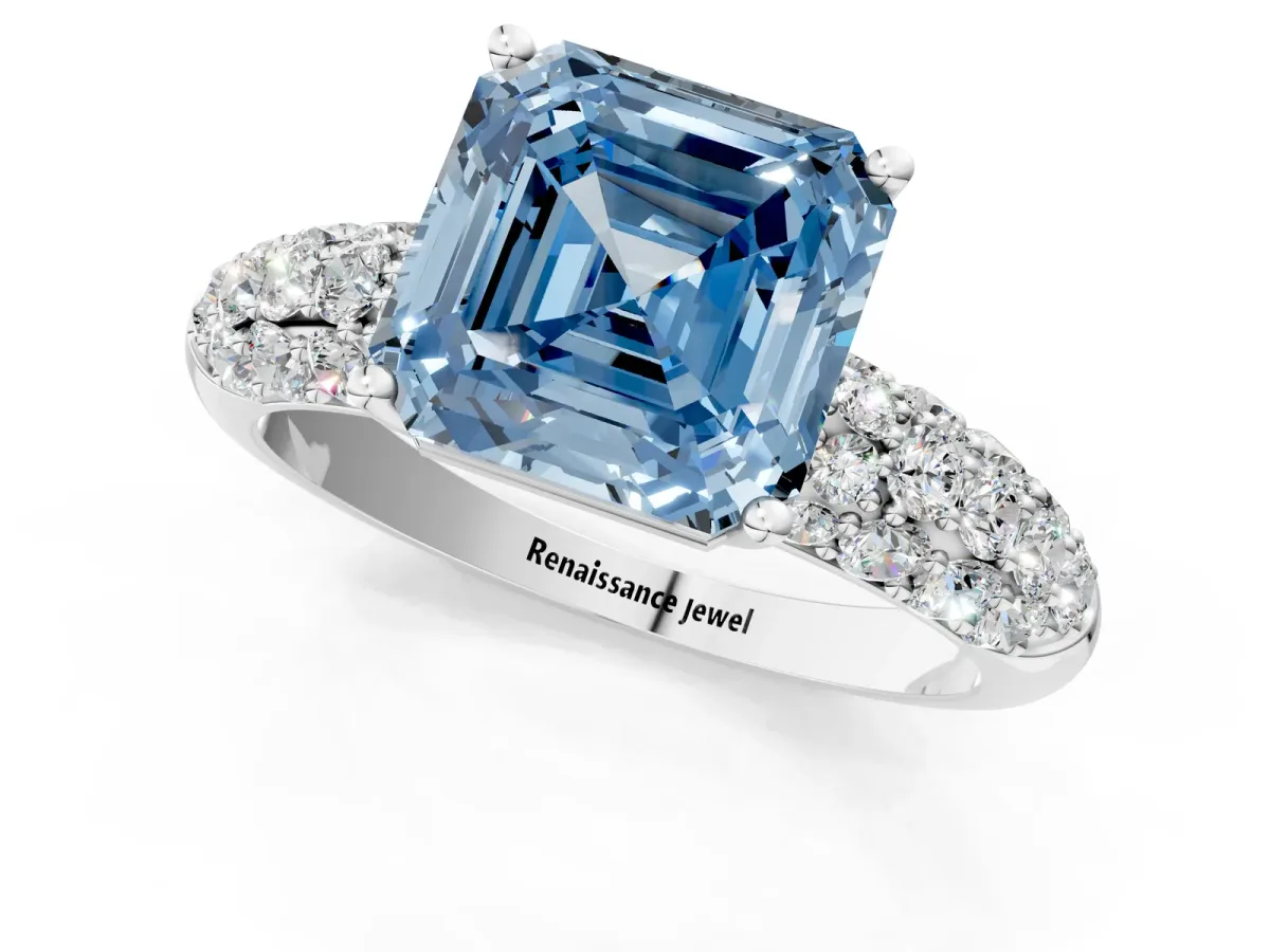 Fancy Blue Asscher Cut Diamond Pavé Band Solitaire Ring with Four-Prong Setting Platinum