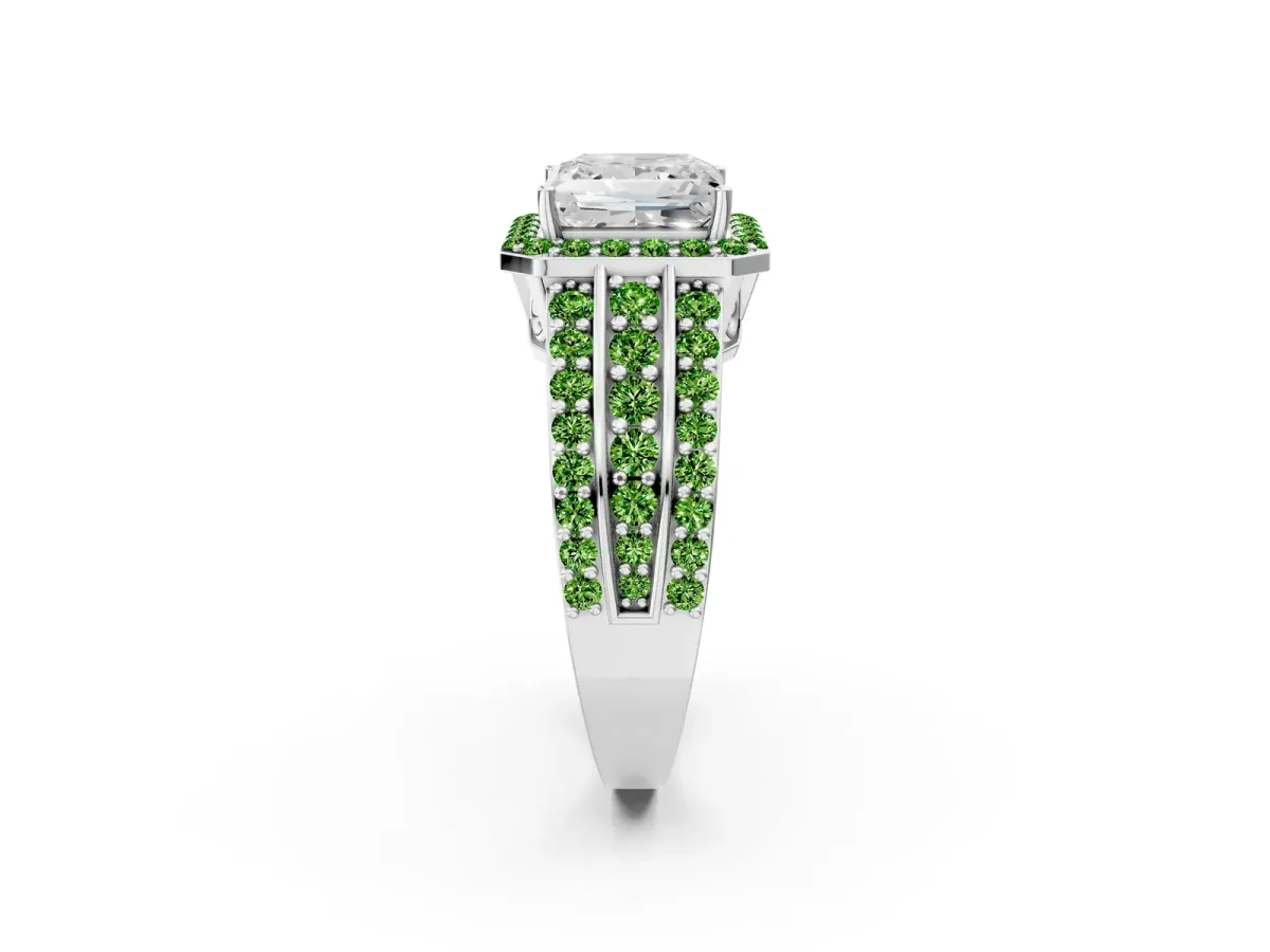 Princess Cut Halo Diamond Ring with Round Peridot Split Shank and Prong Setting Silver
