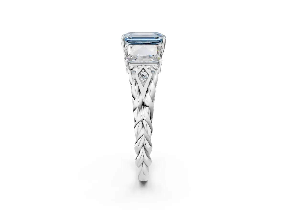 Fancy Blue Three-Stone Emerald Cut Diamond Braided Band Ring with Four-Prong Setting Platinum
