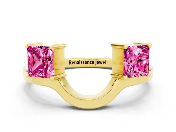 Princess Cut Pink Sapphire Two-Stone Open Band Ring with Four-Prong Setting Yellow gold