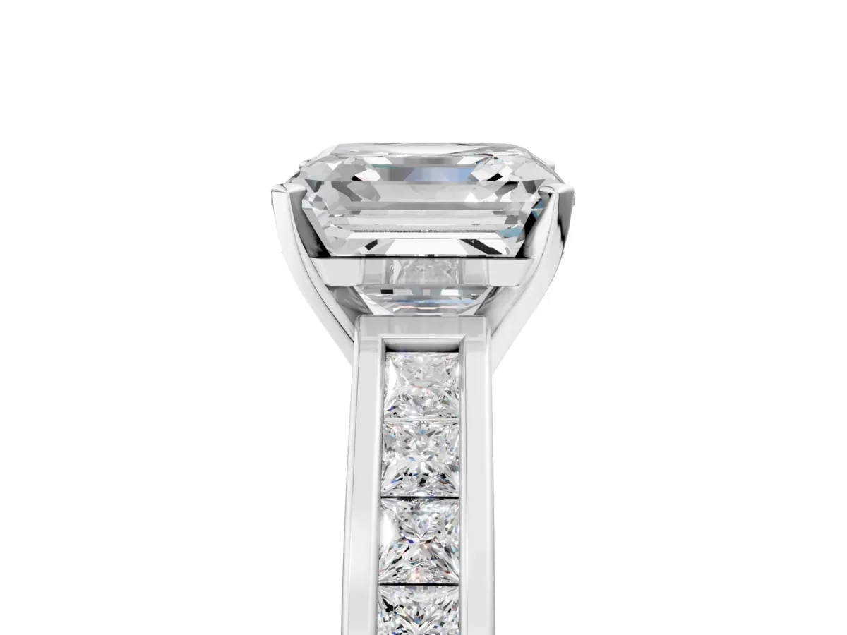 Asscher Cut Solitaire Diamond Ring with Channel-Set Band and Four-Prong Setting Platinum