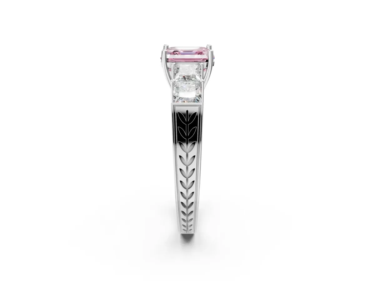 Fancy Pink Asscher Cut Solitaire Princess Side Stone Engraved Band Prong Setting Ring Silver