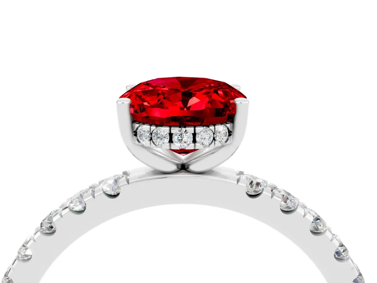 Oval Cut Ruby Pave Band Solitaire Ring with Round and Prong Setting Platinum