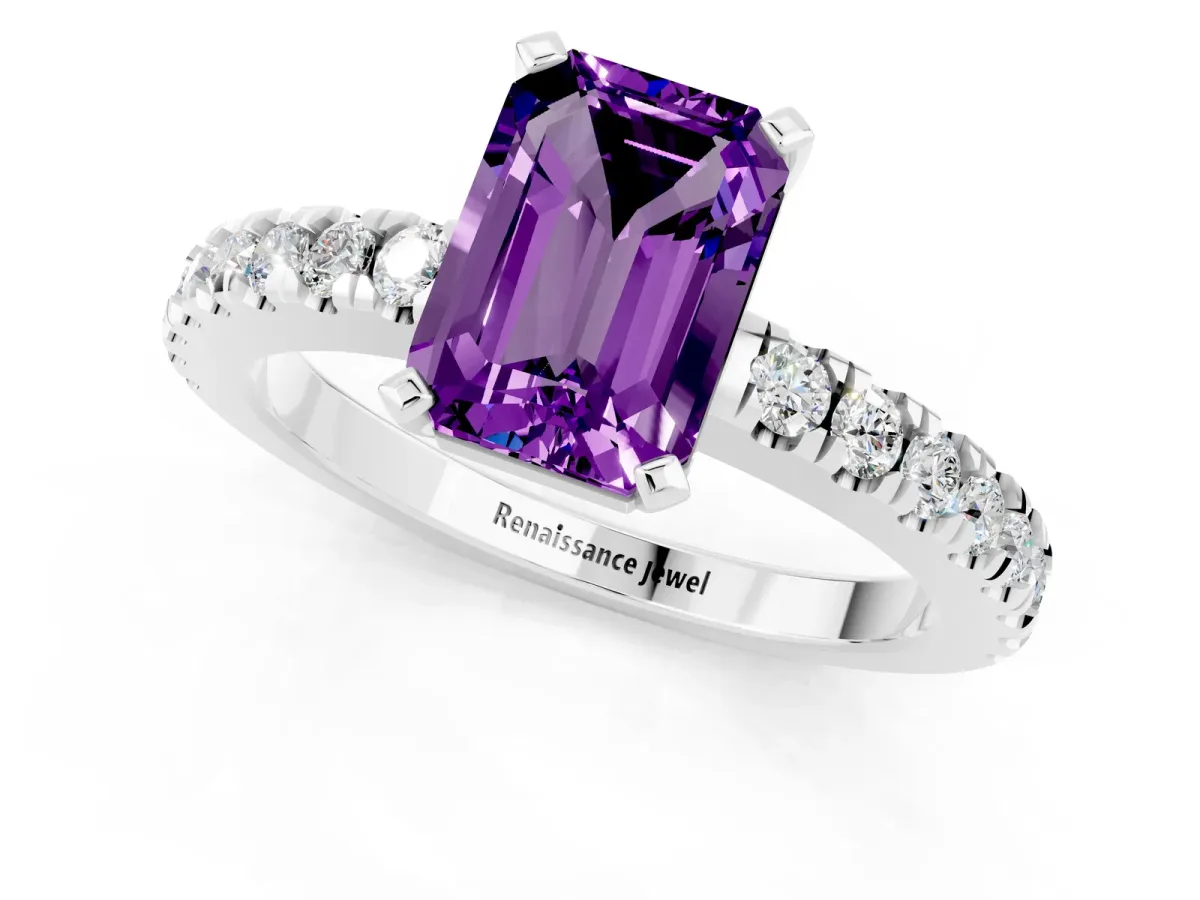 Emerald Cut Solitaire Amethyst with Pavé Band and Four-Prong Setting Platinum