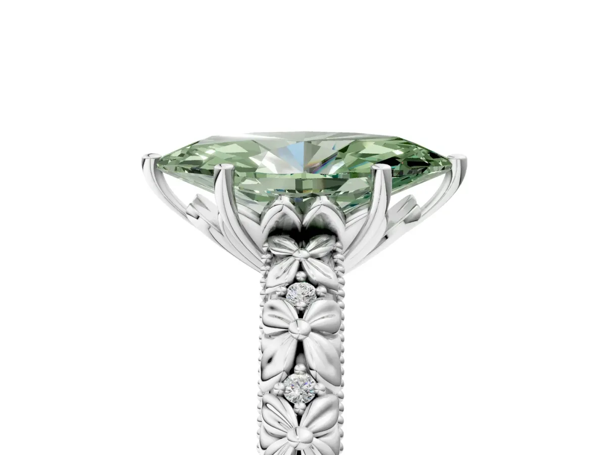 Fancy Green Marquise Cut Solitaire Floral Milgrain Engagement Ring Silver
