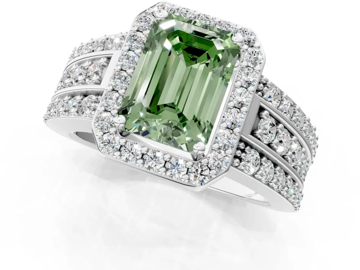 Fancy Green Emerald Cut Halo Diamond Ring with Round Split Shank and Prong Setting Silver