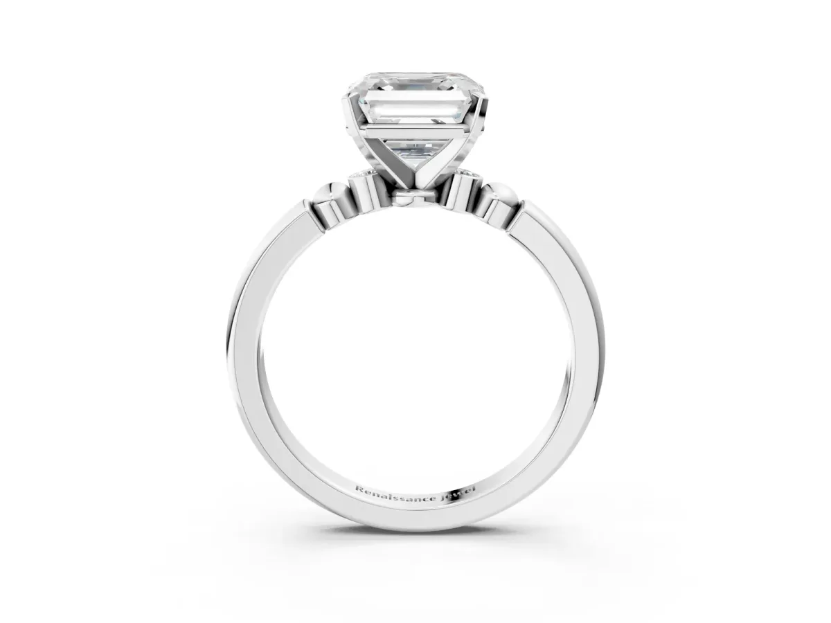 Asscher Cut Solitaire Beaded Band with Four-Prong Setting Platinum