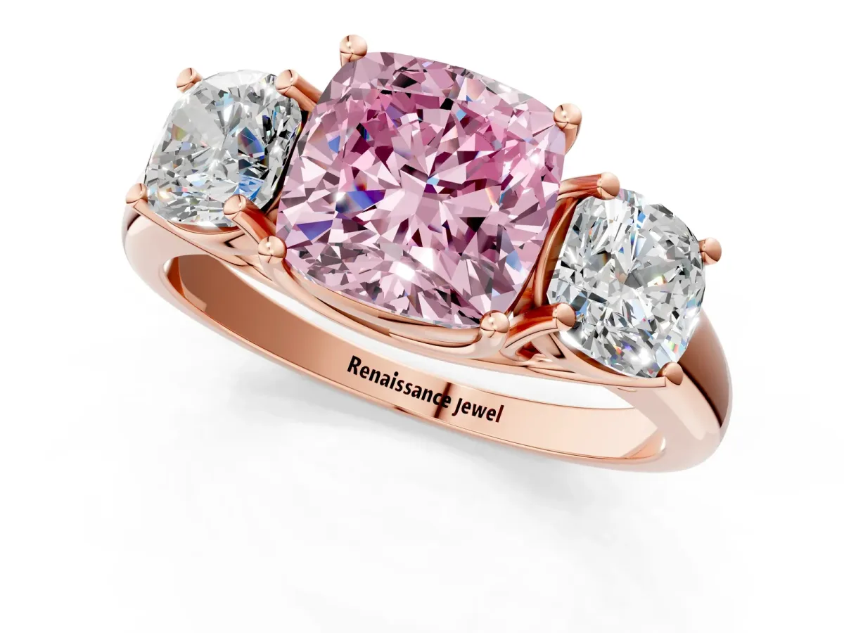 Fancy Pink Three-Stone Cushion Cut Diamond Engagement Ring with Prong Setting Rose gold