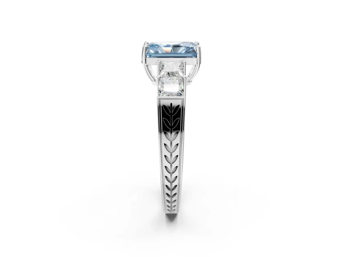 Fancy Blue Radiant Cut Solitaire Princess Side Stone Engraved Band Prong Setting Ring Silver