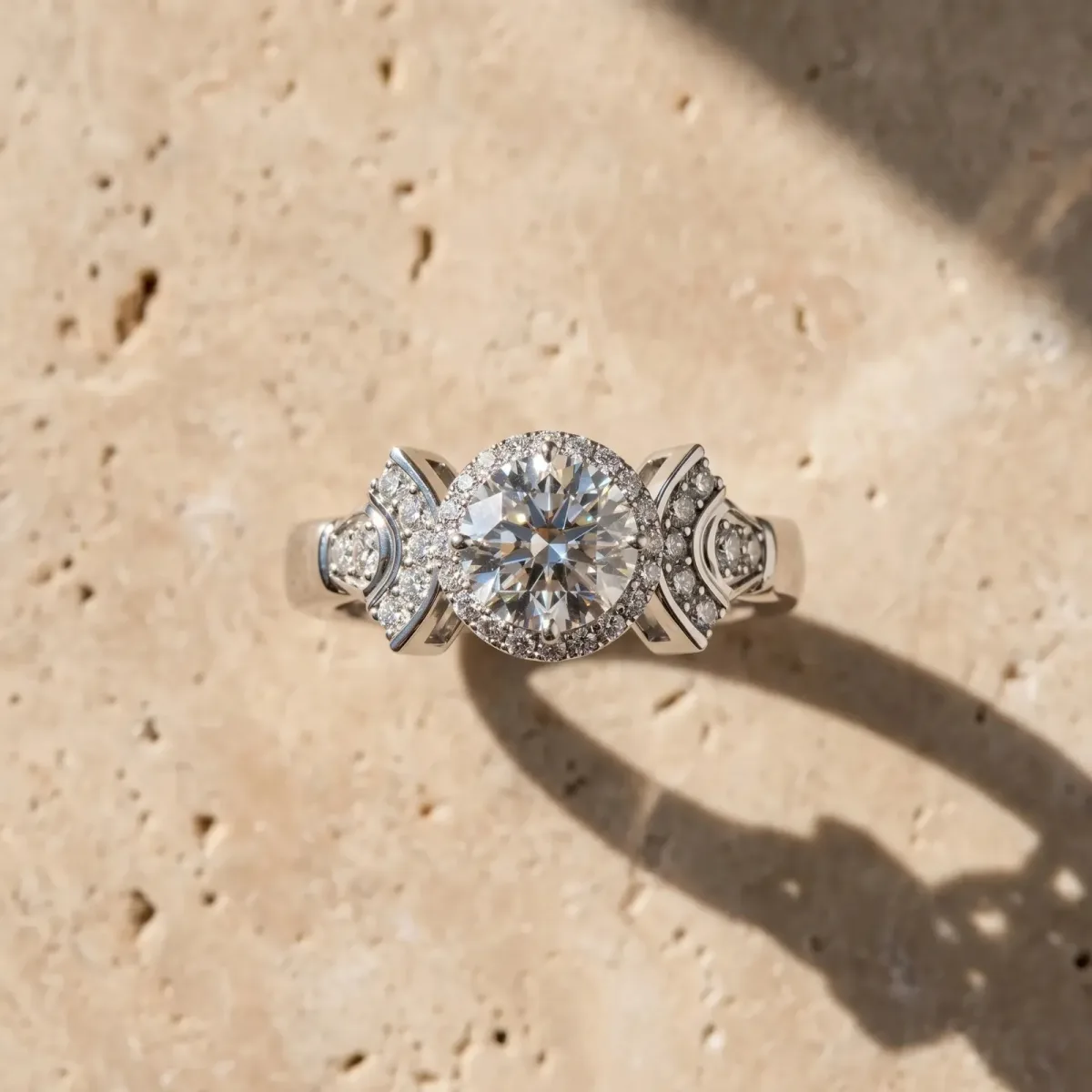 Round Cut Halo Diamond Split Shank Engagement Ring with Four-Prong Setting Silver