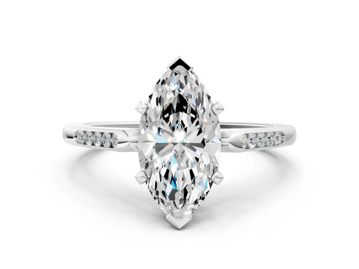 Marquise Cut Diamond Solitaire Ring with Channel Set Round Band and Prong Setting Silver