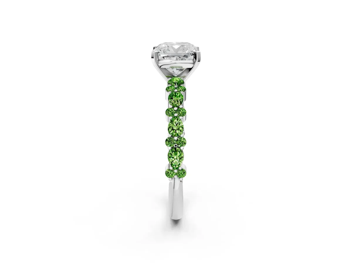 Cushion Cut Diamond Side Stone Solitaire Ring with Round Peridot and Four-Prong Setting Silver