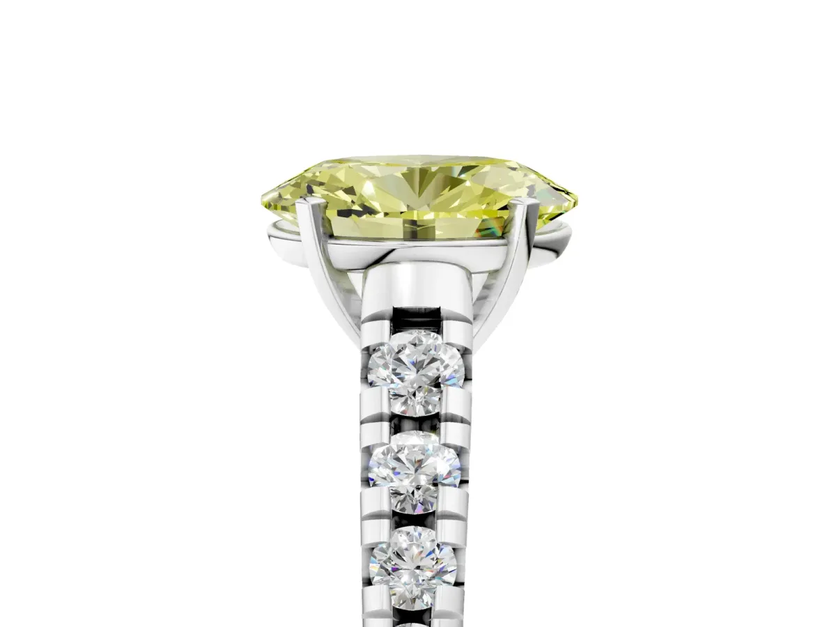 Fancy Yellow Oval Cut Diamond Cathedral Solitaire Ring with Round Pavé Band Platinum
