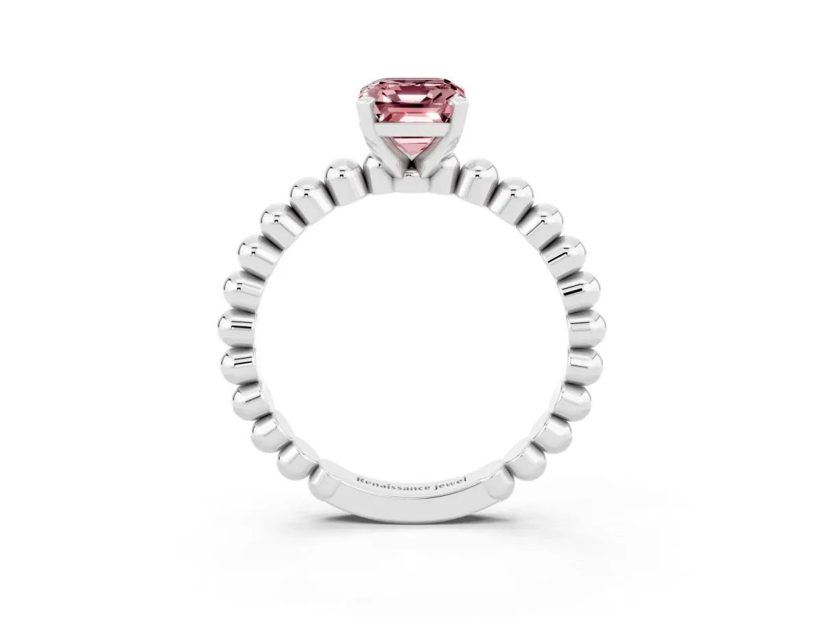 Emerald Cut Morganite Solitaire Ring with Beaded Band and Prong Setting Silver