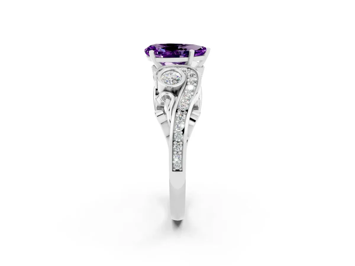Pear Cut Amethyst Solitaire Ring with Milgrain Pavé Band and Four-Prong Setting Silver