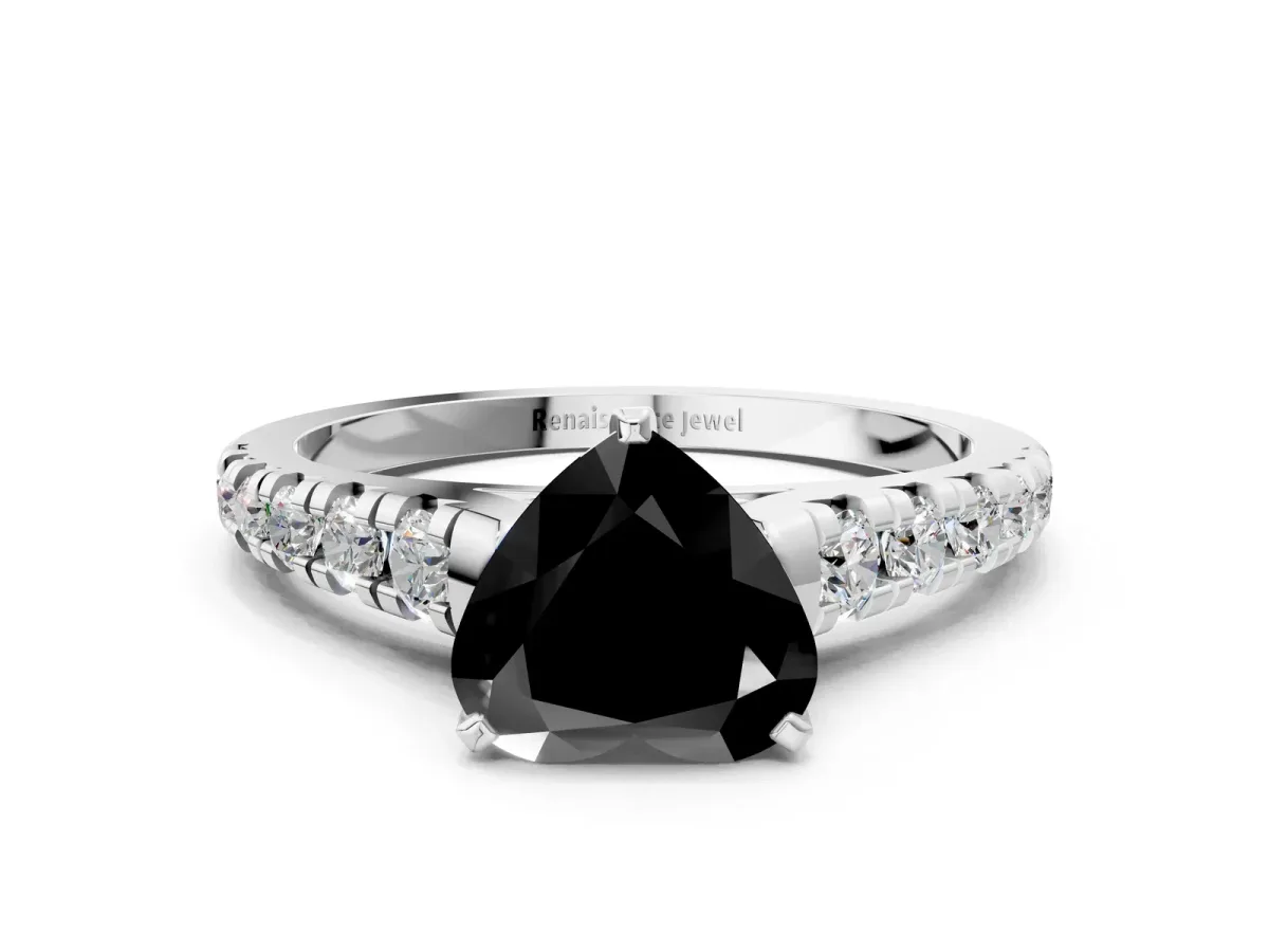 Fancy Black Heart Cut Diamond Cathedral Solitaire Ring with Round Pavé Band Silver