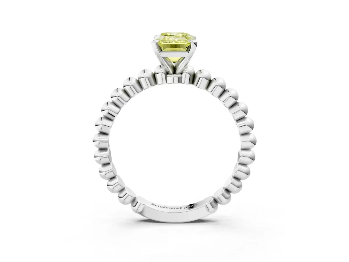 Fancy Yellow Emerald Cut Diamond Solitaire Ring with Beaded Band and Prong Setting White gold
