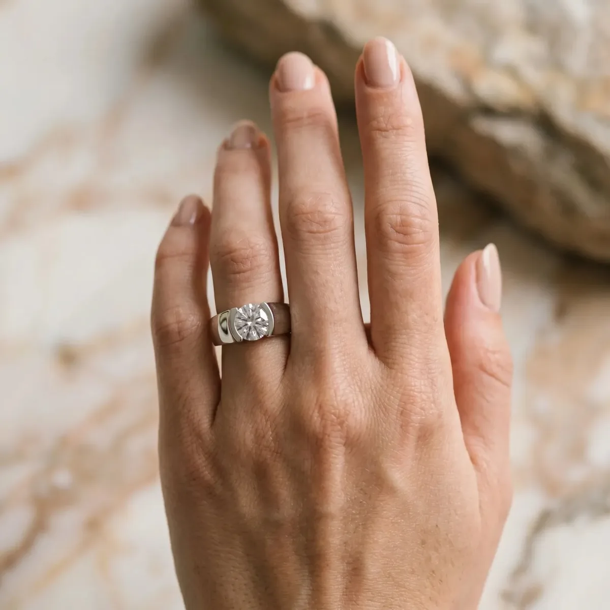 Asscher Cut Solitaire Bezel Set Diamond Ring with Wide Band Platinum