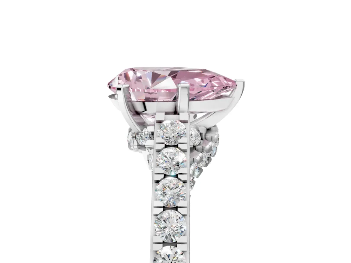 Fancy Pink Pear Cut Diamond Solitaire Ring with Crossover Gallery and Round Pavé Band Silver