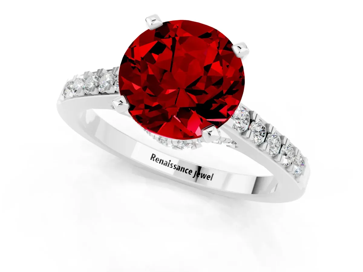 Round Cut Ruby Solitaire Ring with Crossover Gallery and Round Pavé Band Silver