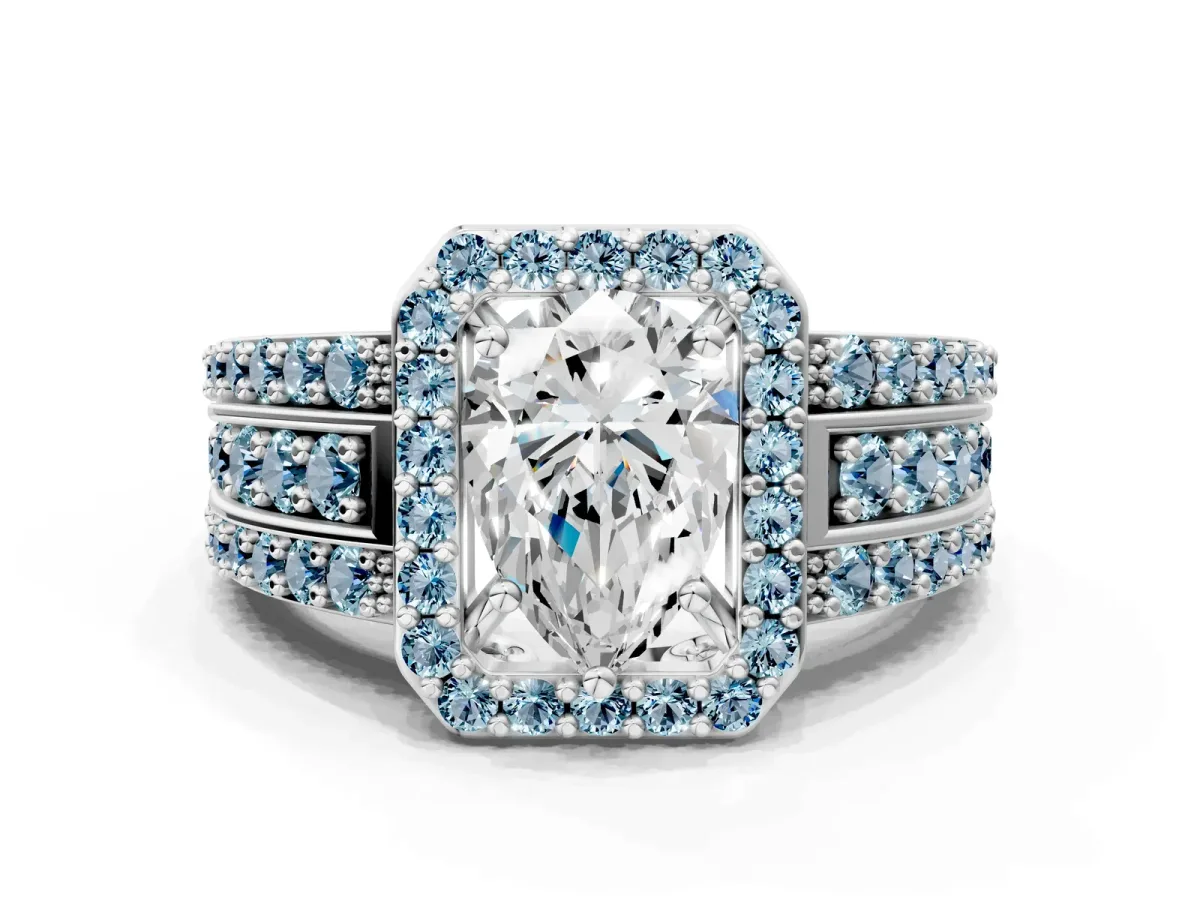 Pear Cut Halo Diamond Ring with Round Aquamarine Split Shank and Prong Setting Silver